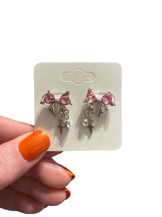 Silver and Pink Bow Earrings